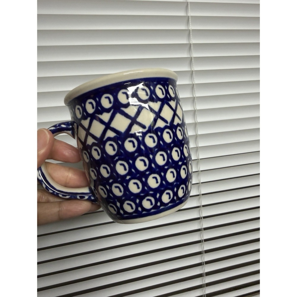 Boleslawiec Handmade in Poland 04 Blue White Mug Cup Geometric Ceramic Vintage